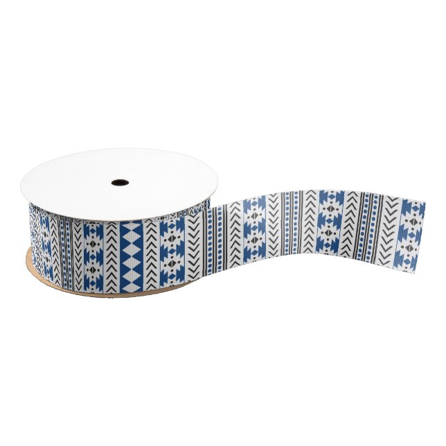 Blue Black Aztec Tribal Print Geometric Pattern Grosgrain Ribbon (Spool)