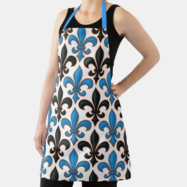 Blue Black Baroque Fleur-de-lis Pattern Design  Apron (Creator Uploaded)