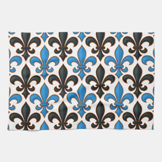 Blue Black Baroque Fleur-de-lis Pattern Design  Kitchen Towel (Horizontal)