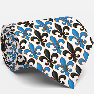 Blue Black Baroque Fleur-de-lis Pattern Design Neck Tie