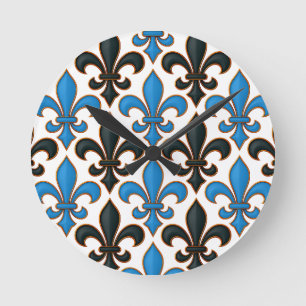 Blue Black Baroque Fleur-de-lis Pattern Design  Round Clock