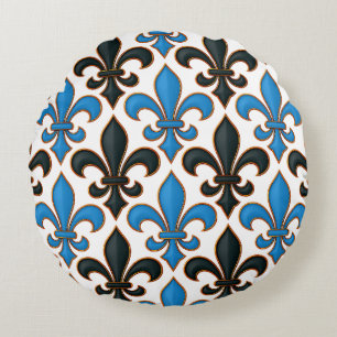 Blue Black Baroque Fleur-de-lis Pattern Design  Round Pillow