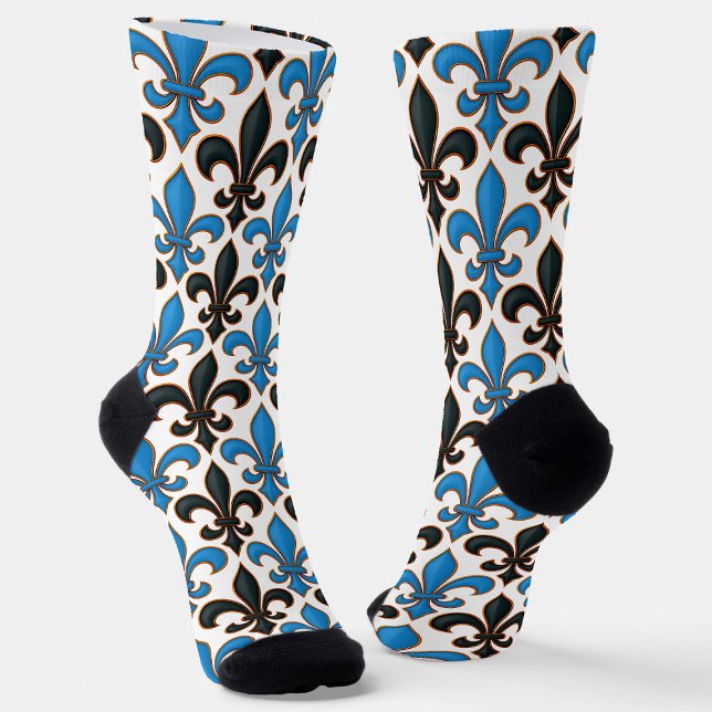 Blue Black Baroque Fleur-de-lis Pattern Design  Socks (Creator Uploaded)