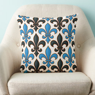 Blue Black Baroque Fleur-de-lis Pattern Design  Throw Pillow