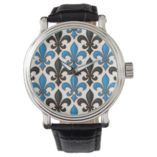 Blue Black Baroque Fleur-de-lis Pattern Design Watch