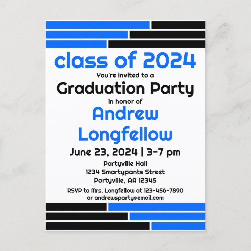 Blue  Black Bars Graduation Party Invitation Postcard