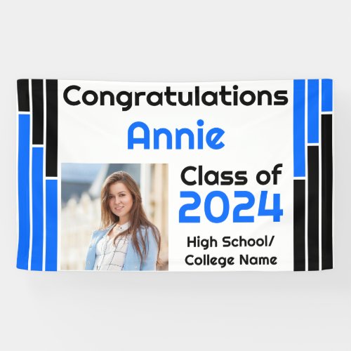 Blue  Black Bars One Photo Graduation Banner