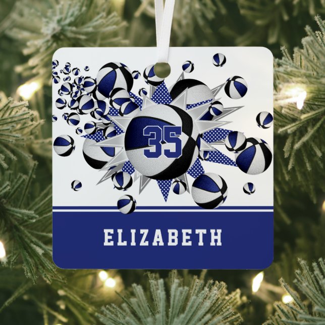 Blue black basketballs stars personalized  metal ornament (Insitu)