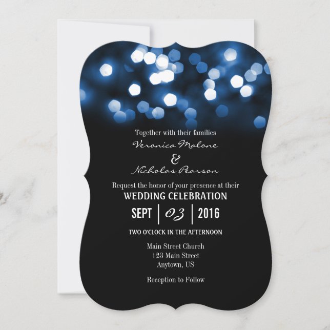 Blue Black Bokeh Glitter Lights Wedding Invites (Front)