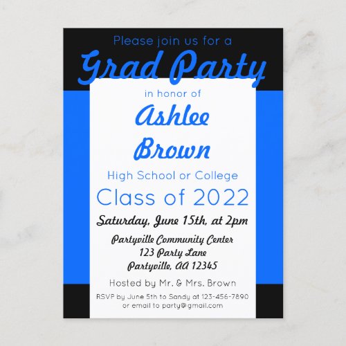 Blue Black Bold Grad Party Graduation Invitation Postcard