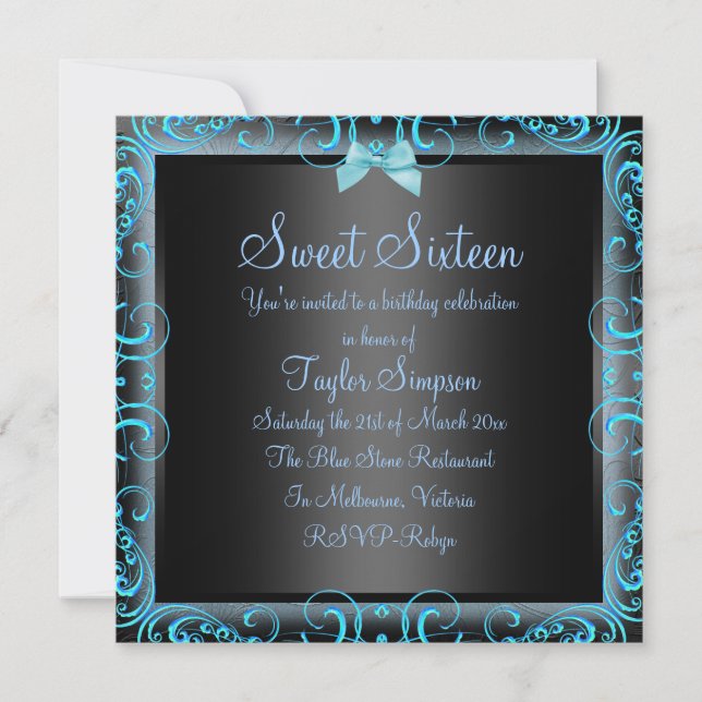 Blue/Black Bow & Frame Sweet16 Birthday Invite (Front)
