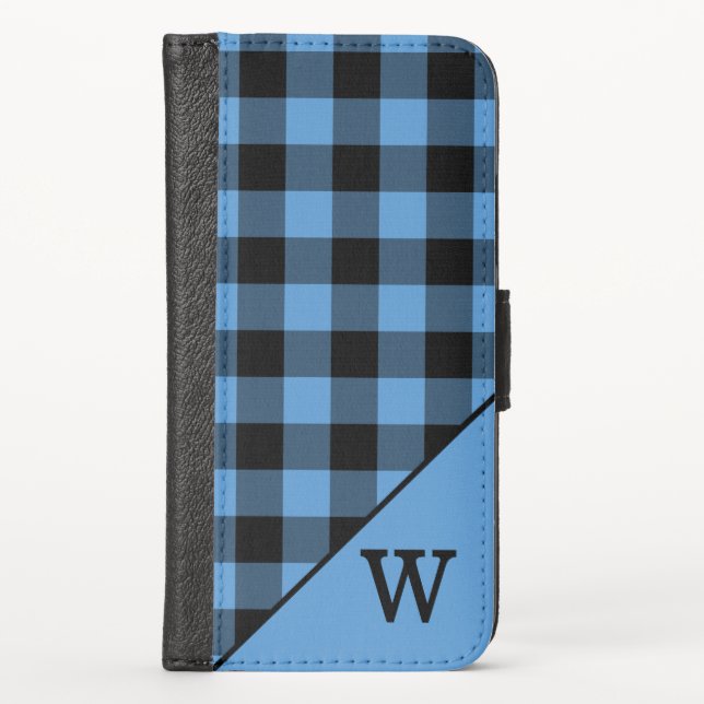 Blue Black Buffalo Check Pattern Custom Monogram iPhone Wallet Case (Front)