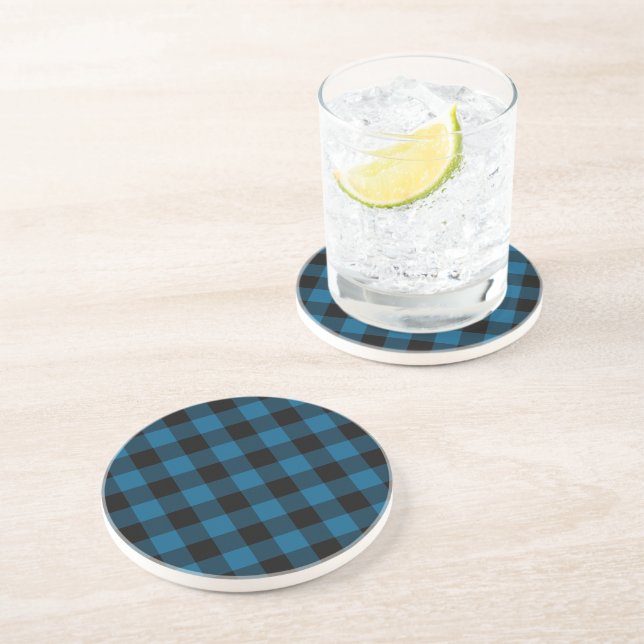 Blue Black Buffalo Lumberjack Check Plaid Pattern Coaster (Side)