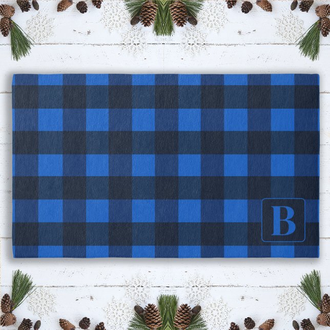 Blue Black Buffalo Plaid Personalized Monogram  Outdoor Rug (Creator Uploaded)