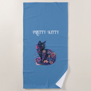Blue Black Cat Flowers Pretty Kitty Beach Towel