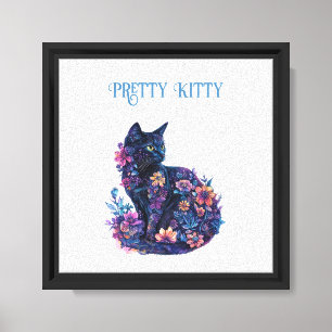 Blue Black Cat Flowers Pretty Kitty Canvas Print