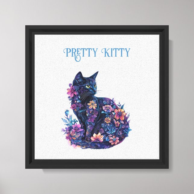 Blue Black Cat Flowers Pretty Kitty Canvas Print (Front)