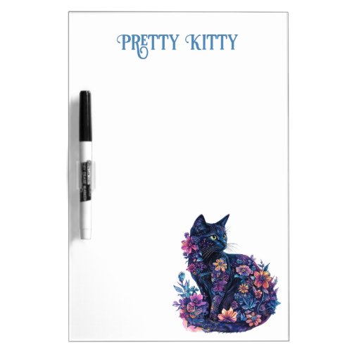 Blue Black Cat Flowers Pretty Kitty Dry Erase Board