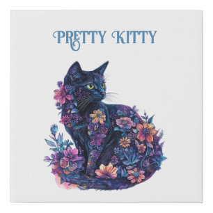 Blue Black Cat Flowers Pretty Kitty Faux Canvas Print