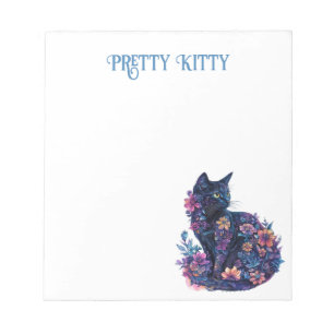 Blue Black Cat Flowers Pretty Kitty Notepad