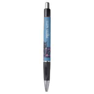 Blue Black Cat Flowers Pretty Kitty Pen