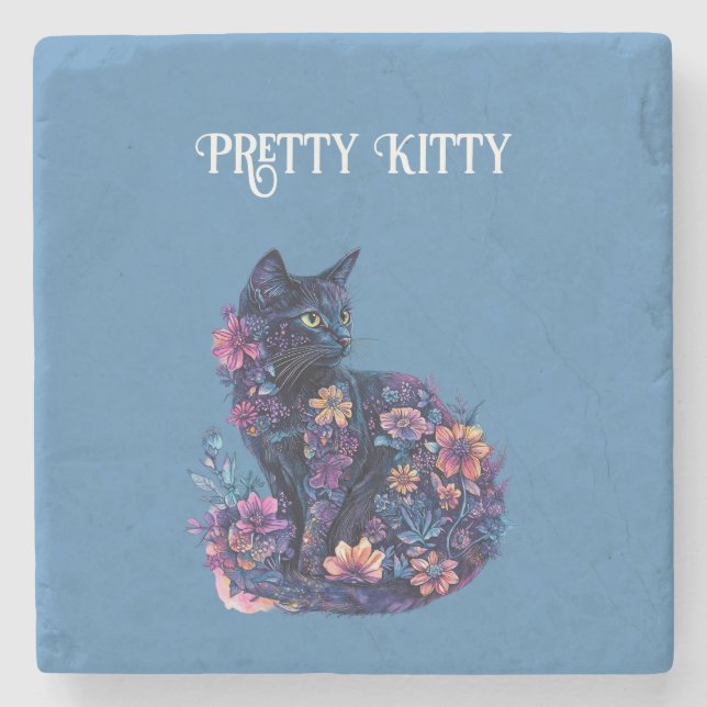 Blue Black Cat Flowers Pretty Kitty Stone Coaster (Front)