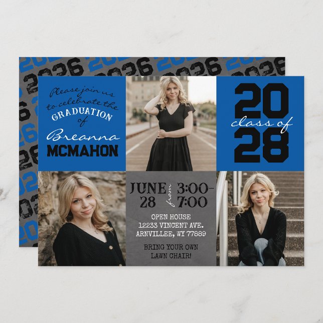 Blue & Black Chalkboard 3 Photo Graduation Invitation (Creator Uploaded)