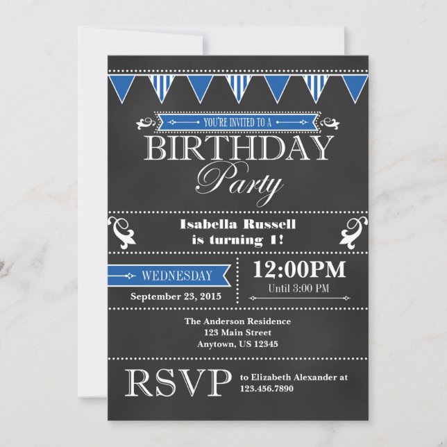 Blue Black Chalkboard Birthday Invitation (Front)
