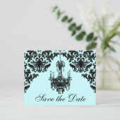 Blue, Black Chandelier Damask Save the Date Card (Standing Front)