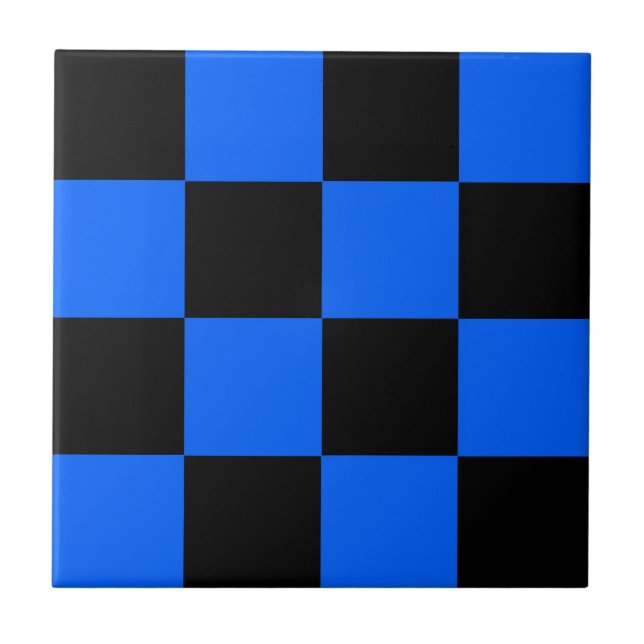 Blue Black Checkered Check Pattern Ceramic Tile (Front)