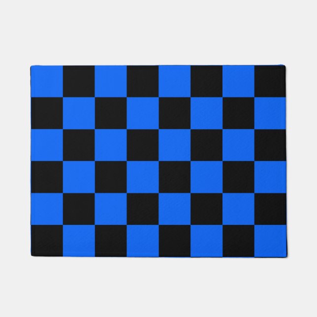 Blue Black Checkered Check Pattern Doormat (Front)