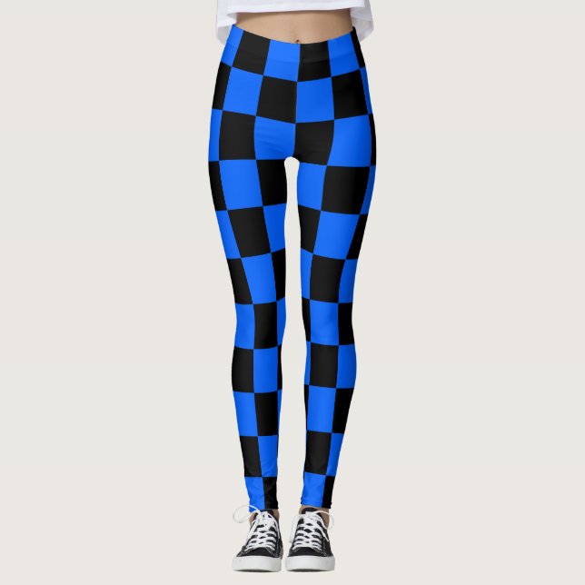 Blue Black Checkered Check Pattern Leggings (Front)