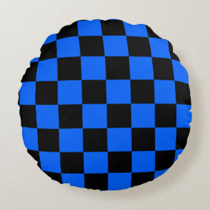 Blue Black Checkered Check Pattern Round Pillow