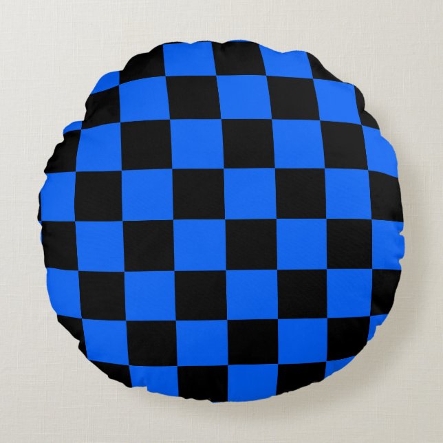 Blue Black Checkered Check Pattern Round Pillow (Front)