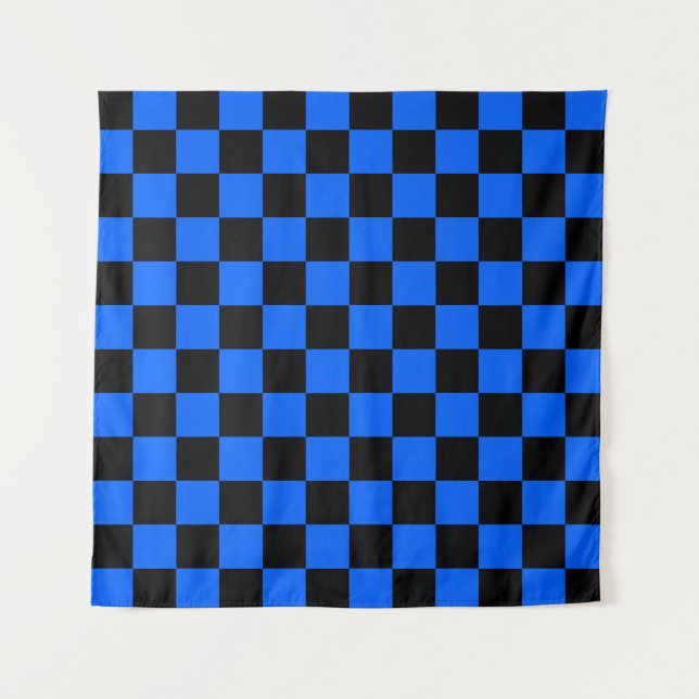 Blue Black Checkered Check Pattern Tapestry (Front)