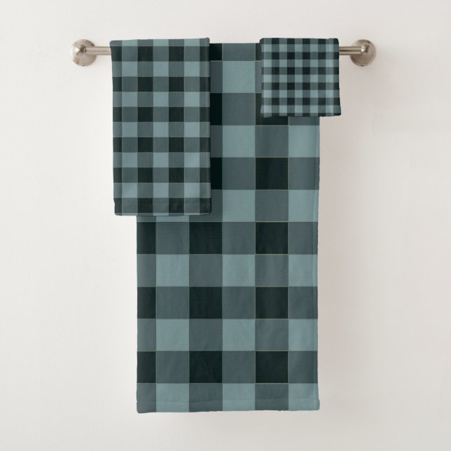 Blue Black Checkered Gingham Pattern Bath Towel Set (Insitu)