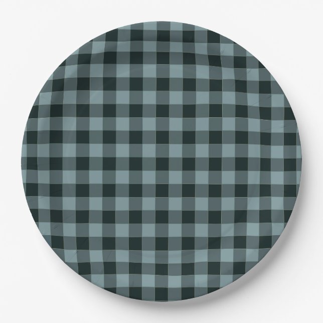Blue Black Checkered Gingham Pattern Paper Plates (Front)