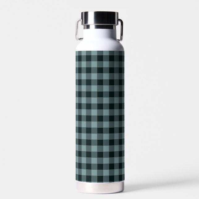 Blue Black Checkered Gingham Pattern Water Bottle (Front)