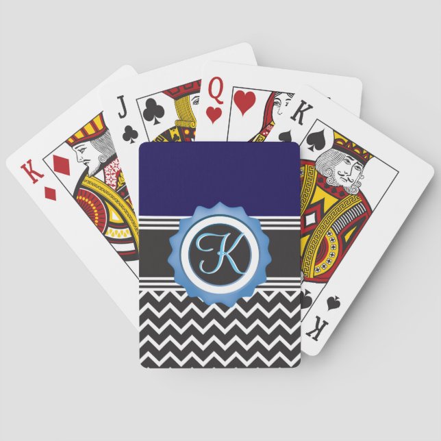 Blue Black Chevron Monogram Poker Cards (Back)