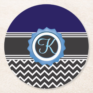 Blue Black Chevron Monogram Round Paper Coaster