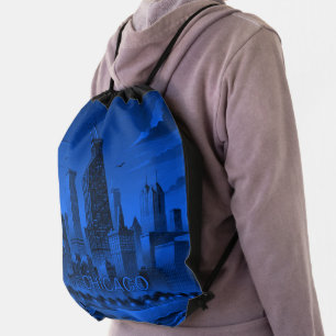 Blue Black Chicago Skyline Drawstring Bag