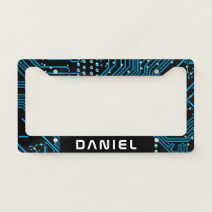 Blue & Black Circuit Board, Name in White Text License Plate Frame