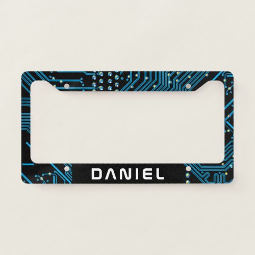 Blue  Black Circuit Board Name in White Text License Plate Frame
