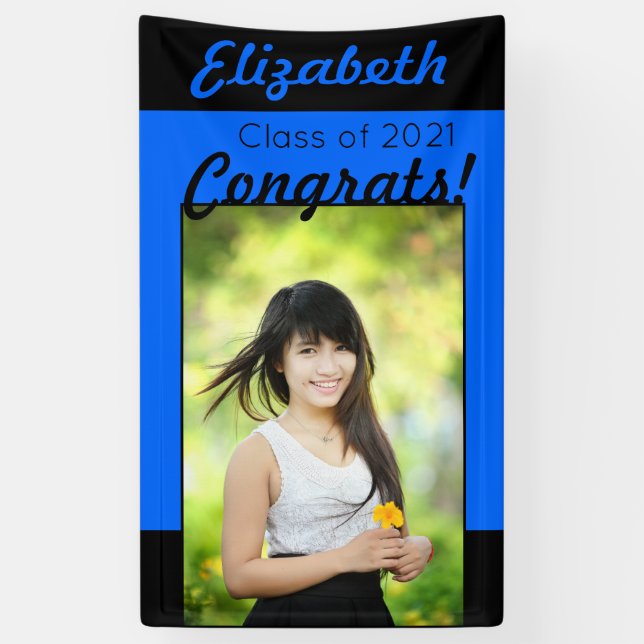 Blue & Black Congrats One Photo Graduation Party Banner (Vertical)