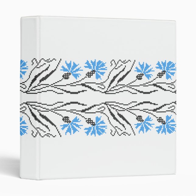 Blue Black cornflower cross-stitch Russian Pattern 3 Ring Binder (Front/Spine)
