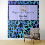 Blue & Black Cow Spots, Gold Horseshoe Birthday    Tapestry<br><div class="desc">Trendy Black and White Cow Spots or Dalmatian pattern with Good Luck Charms Gold Horseshoes. The background has colorful streaks of blue shades with hint of light green and light and dark purple.</div>