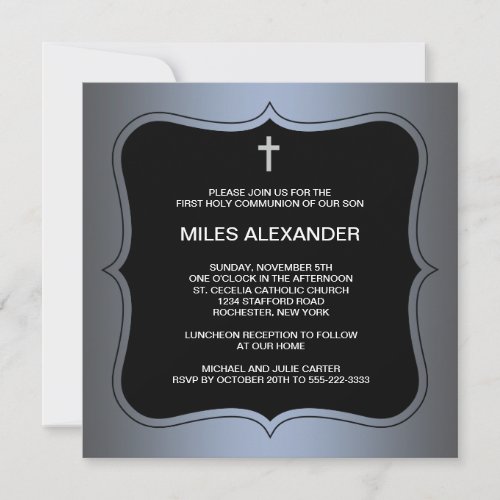 Blue Black Cross Boys First Communion Personalized Announcements