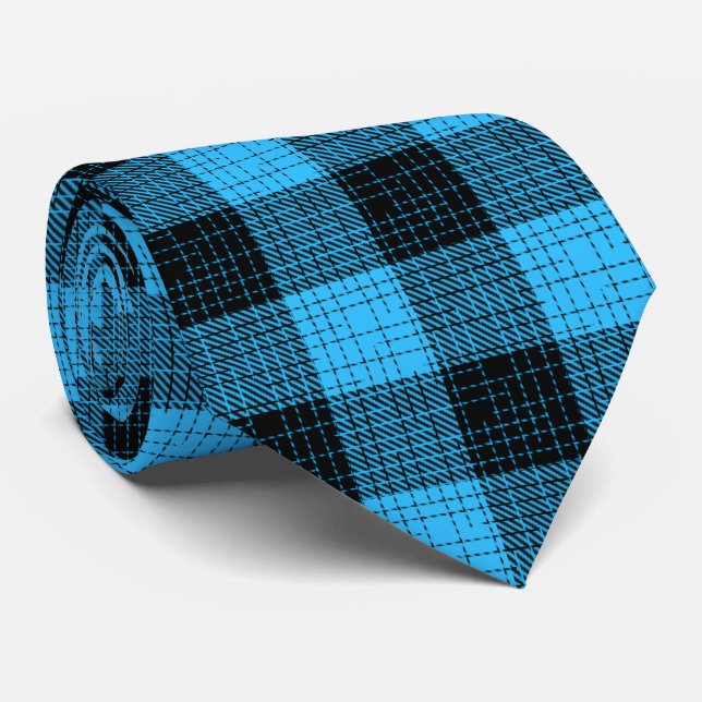  Blue Black Crosshatch Buffalo Check Neck Tie (Rolled)