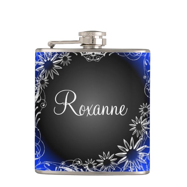 Blue black daisy floral fade custom flask (Front)