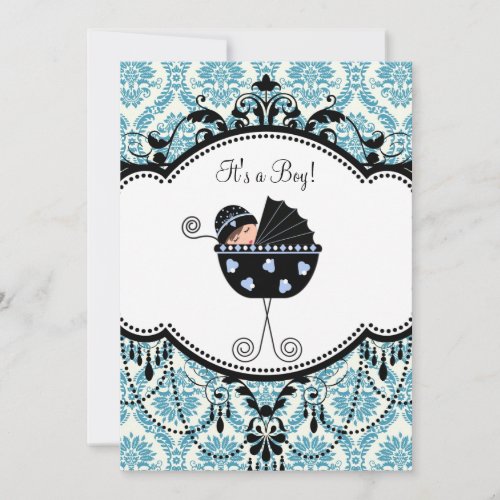 Blue Black Damask Baby Boy Shower Invitations